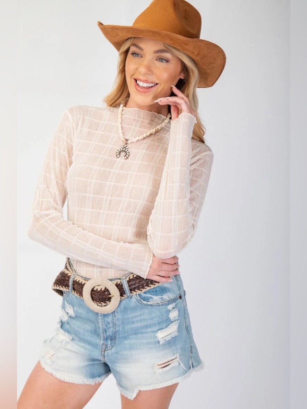 easel Sheer Ivory Grid Long Sleeve Top